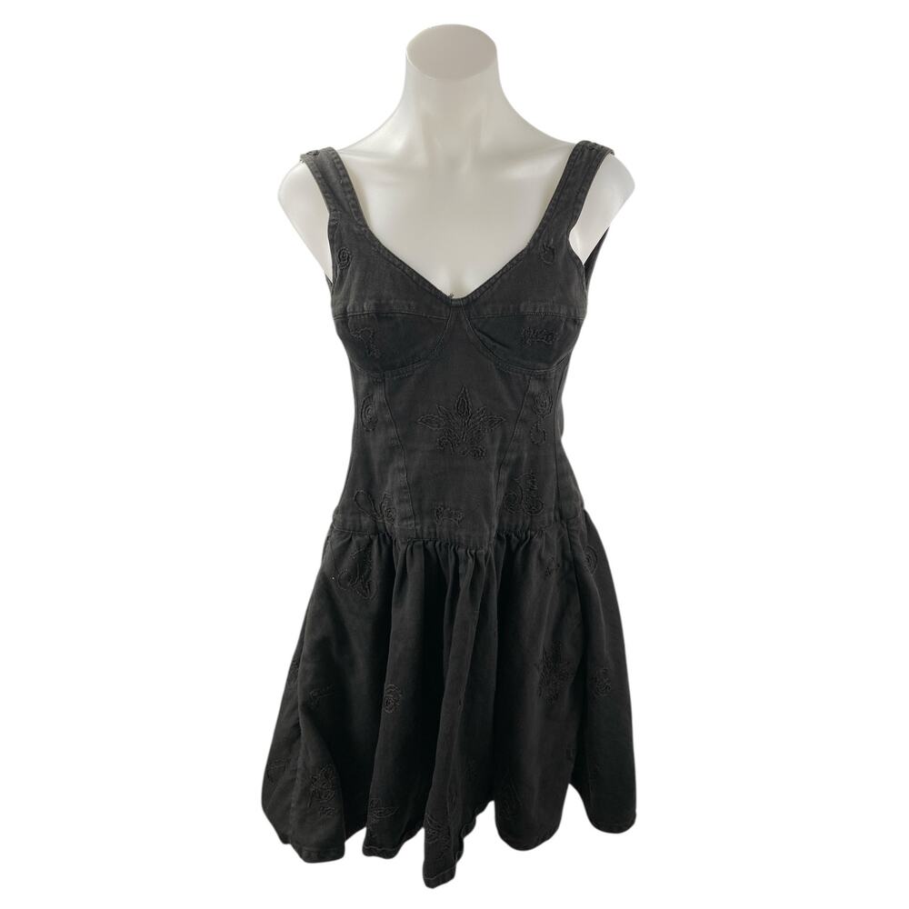 Warehouse Black Floral Embroidery Sleeveless Open Back Denim Fit & Flare Dress M